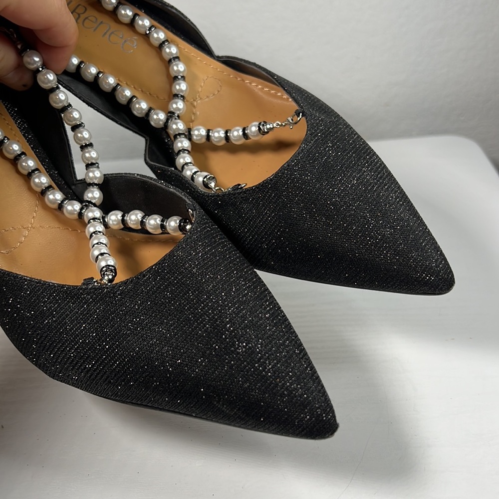 J. Renee black heels with removable pearl and black bead front cross straps 8M - Picture 12 of 16